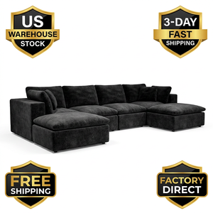 US Warehouse Ready to Ship Black Corduroy U-shaped Modular Sectional Couch Compressed Sofa Ships in 3 Days Free Shipping