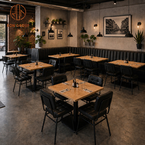 Ron Group Commercial Furniture Restaurant Set Square Wood Table Upholstered Chair with Metal Base Leather Booth Seating