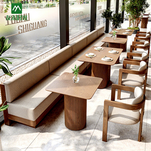 Commercial Restaurant Table And Chair Solid Wood Booth Sofa With Round Dining Table And Armchairs