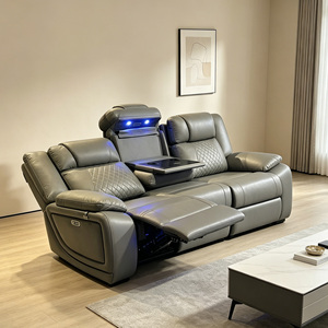 Home Theater Recliner Sofa LED Lights Cup Holder Dropdown Table Wireless Charger Reading Light 3-Seater Leather Ergonomic